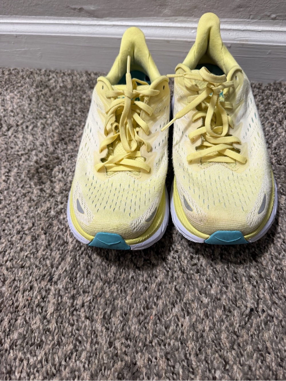 Hoka Yellow Women’s Running Shoes with Teal Accents